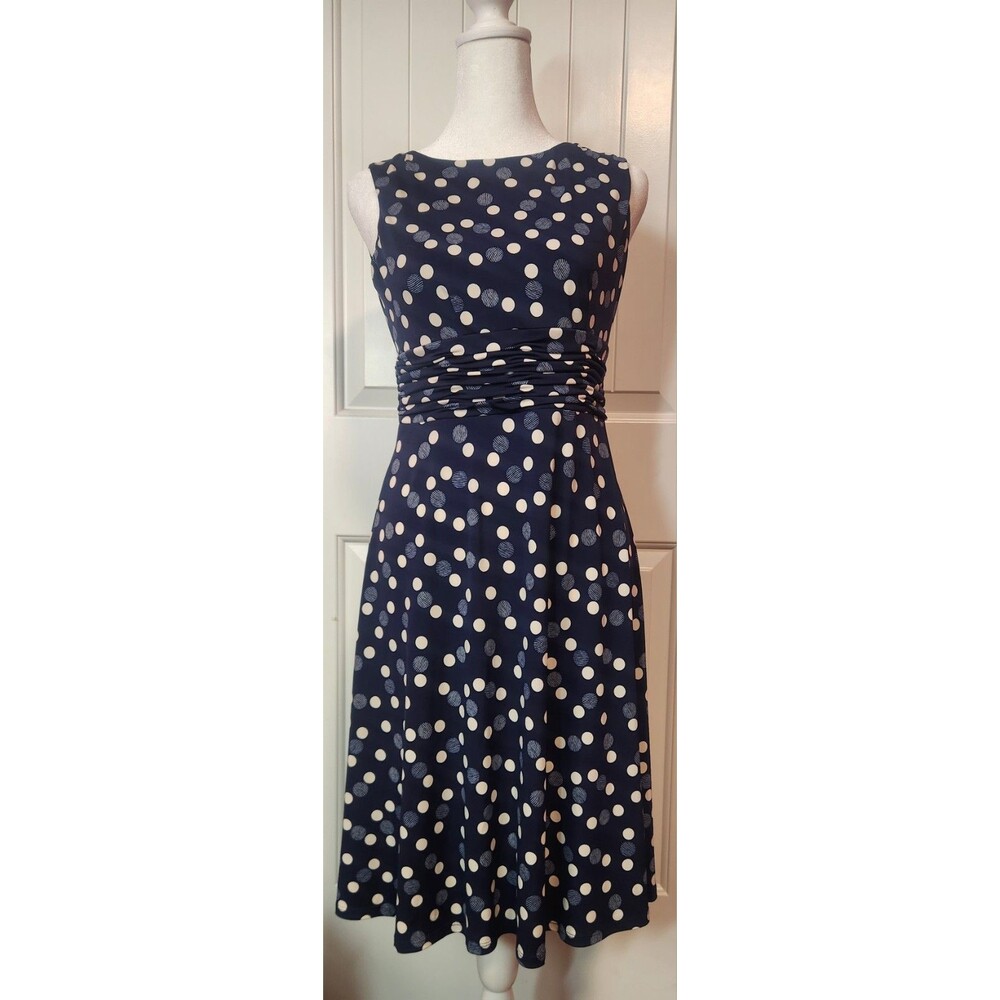 Jessica Howard Sleeveless A-line Ruched Lined Dress Size 4P Navy Blue Polka Dots